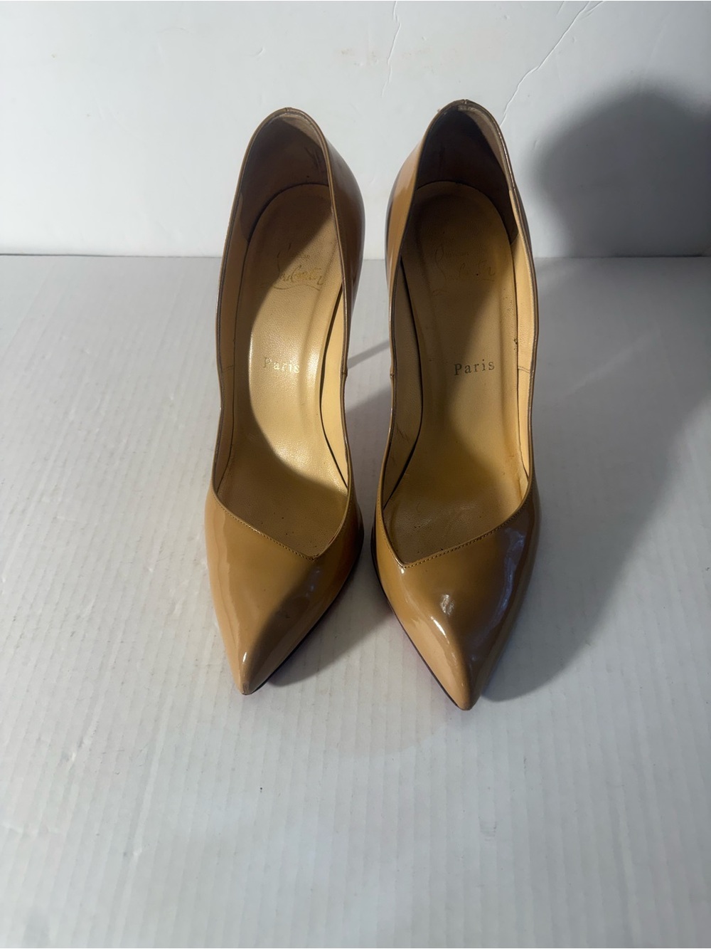 Christian Louboutin Patent Pointed-Toe Pumps in Nude Tan Size 39.5/9
